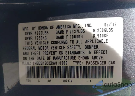 2012 Honda Accord 2.4 Lx-S z USA, uszkodzony, nr VIN 1HGCS1B3XCA010569